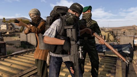 A faction in shemaghs and sunglasses with rifles.