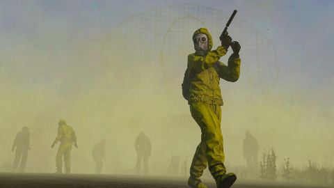 A yellow NBC suit in a toxic gas zone, infected in the haze.
