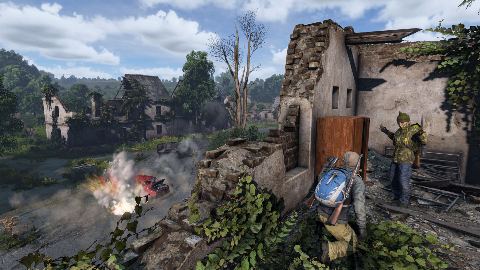 A firefight at a village crossroads.