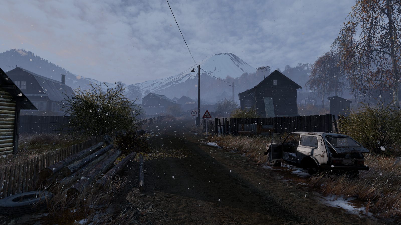 A snowbound village on a Sakhal road.